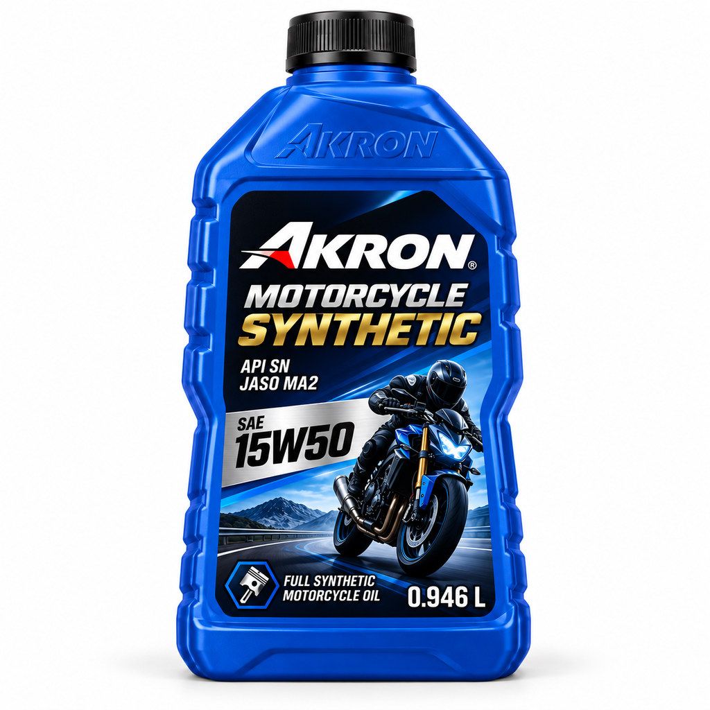 Imagen ilustrativa generada con IA: AKRON Motorcycle Synthetic SAE15W50 946ml x12. Diseño recreado, no fotografía oficial.