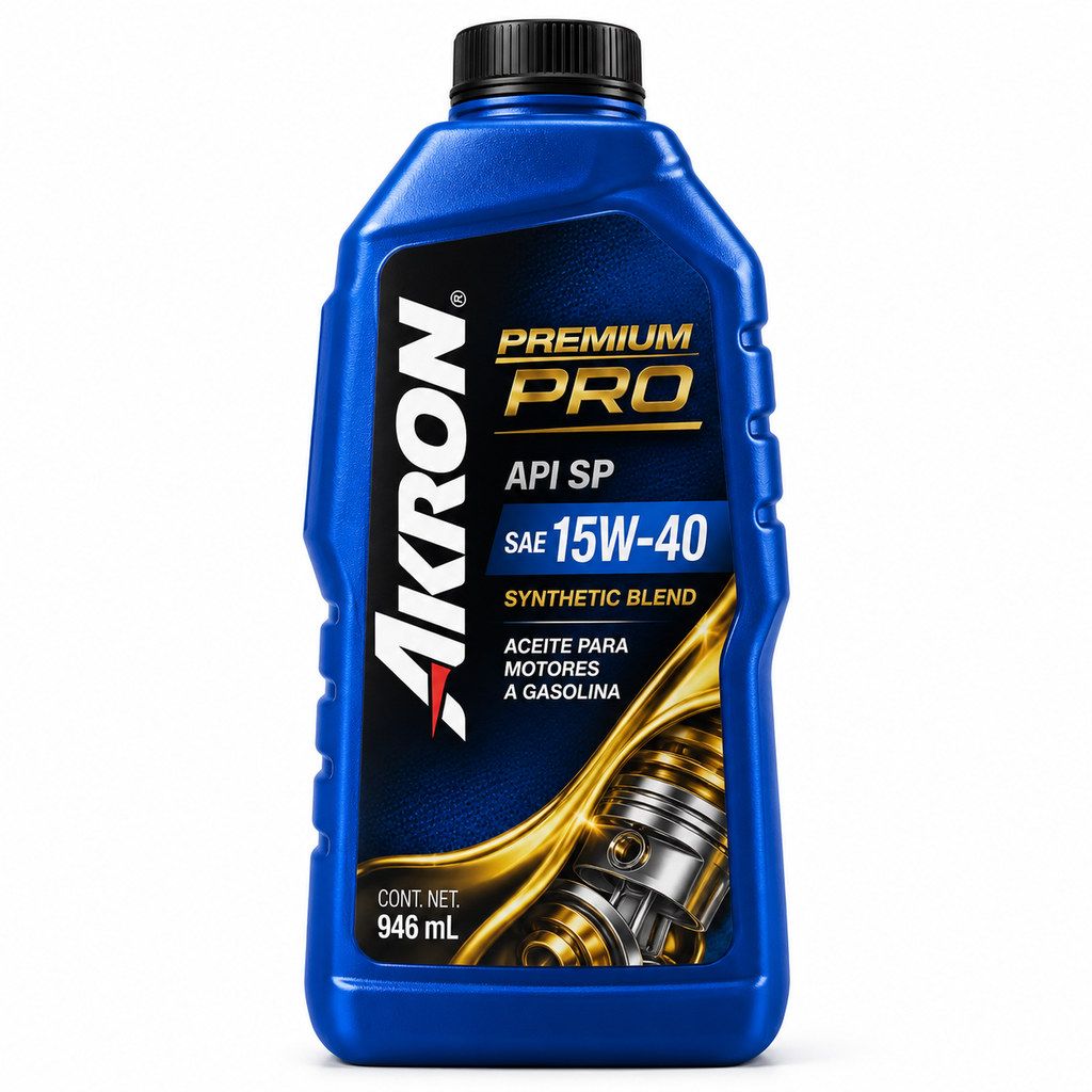Imagen ilustrativa generada con IA: AKRON Premium Pro SP 15W40 946ml. Diseño recreado, no fotografía oficial.