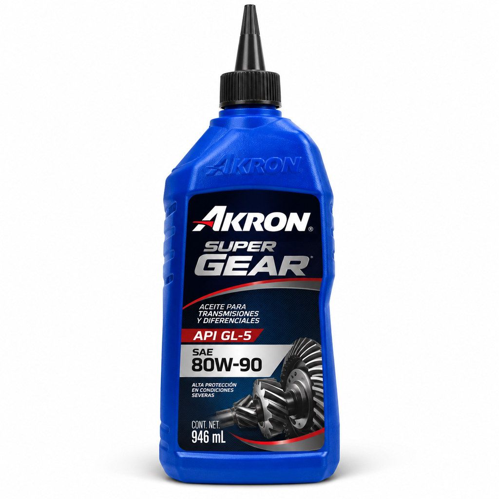 Imagen ilustrativa generada con IA: AKRON Super Gear GL5 80W90 946ml. Diseño recreado, no fotografía oficial.