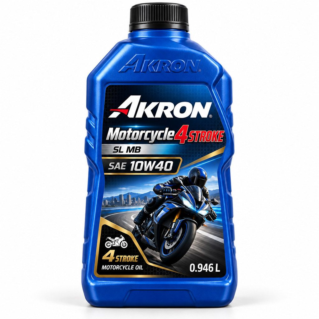 Imagen ilustrativa generada con IA: AKRON Motorcycle 4T SL MB 10W40 946ml x12. Diseño recreado, no fotografía oficial.
