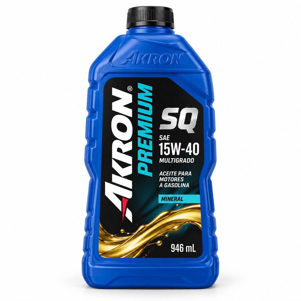 Imagen ilustrativa generada con IA: AKRON Premium SQ 15W40 946ml. Diseño recreado, no fotografía oficial.
