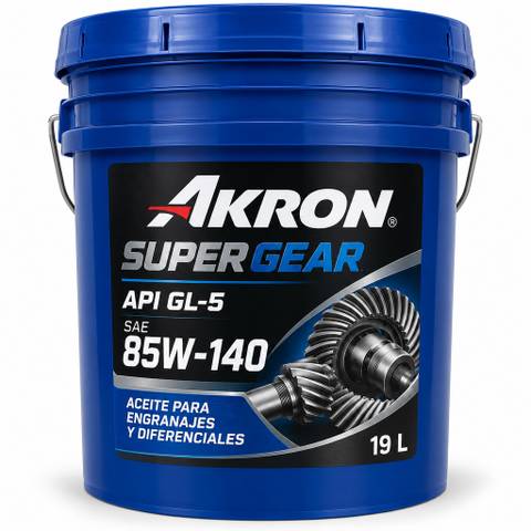 Imagen ilustrativa generada con IA: AKRON Super Gear GL5 85W140 19L. Diseño recreado, no fotografía oficial.