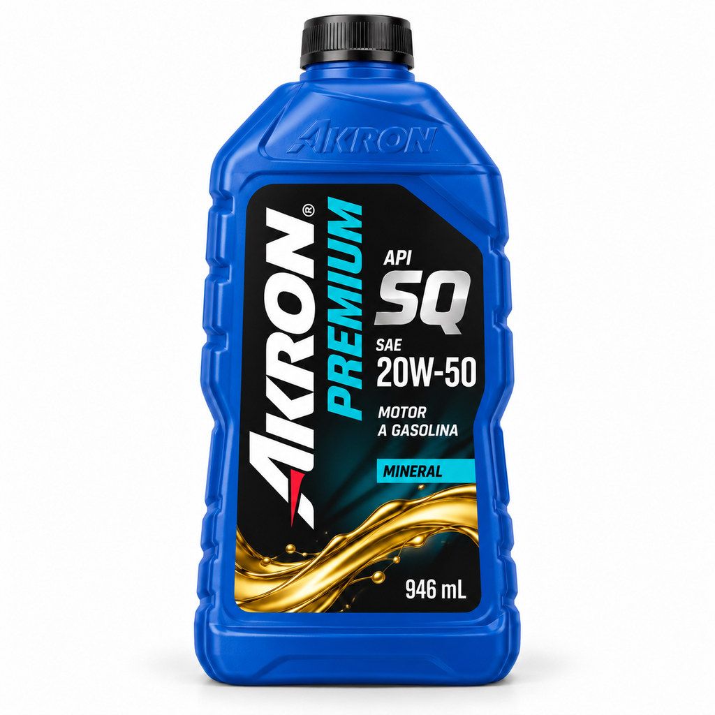 Imagen ilustrativa generada con IA: AKRON Premium SQ 20W50 946ml. Diseño recreado, no fotografía oficial.