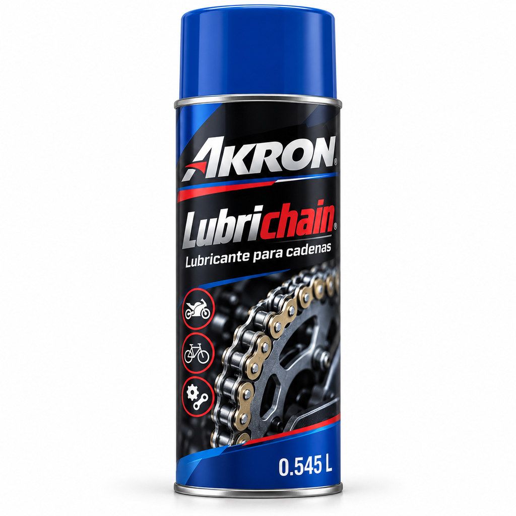 Imagen ilustrativa generada con IA: AKRON Lubrichain 545ml x12. Diseño recreado, no fotografía oficial.