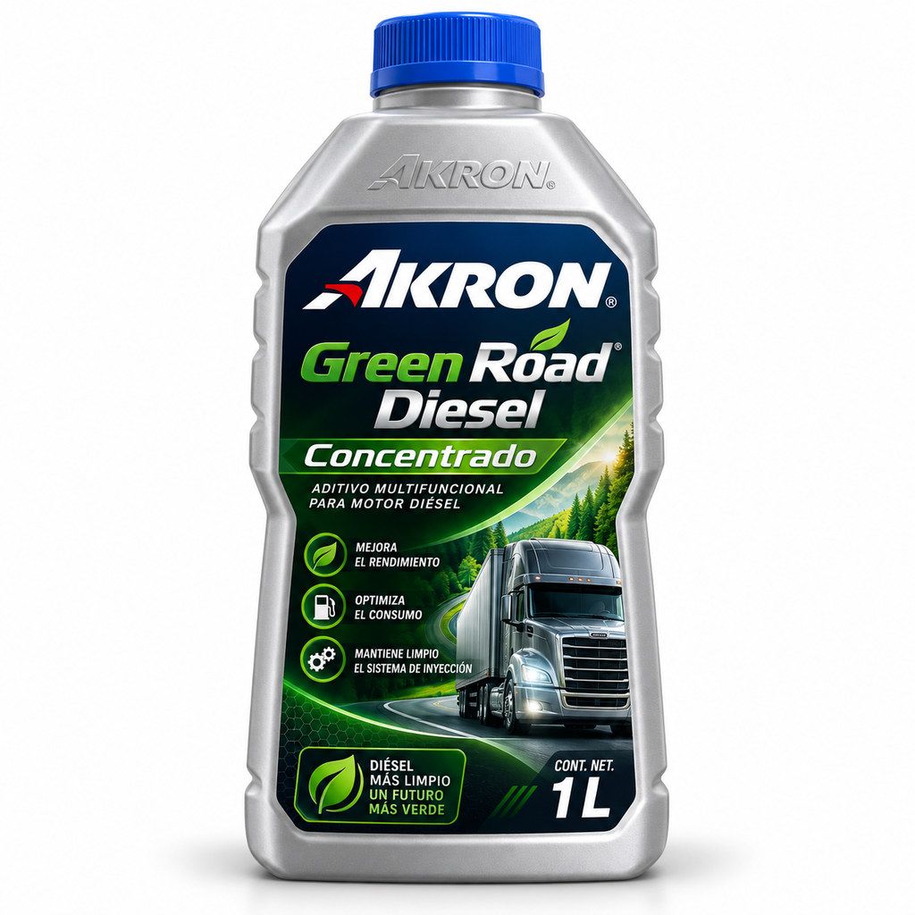Imagen ilustrativa generada con IA: AKRON Green Road Diesel concentrado 1L x12. Diseño recreado, no fotografía oficial.