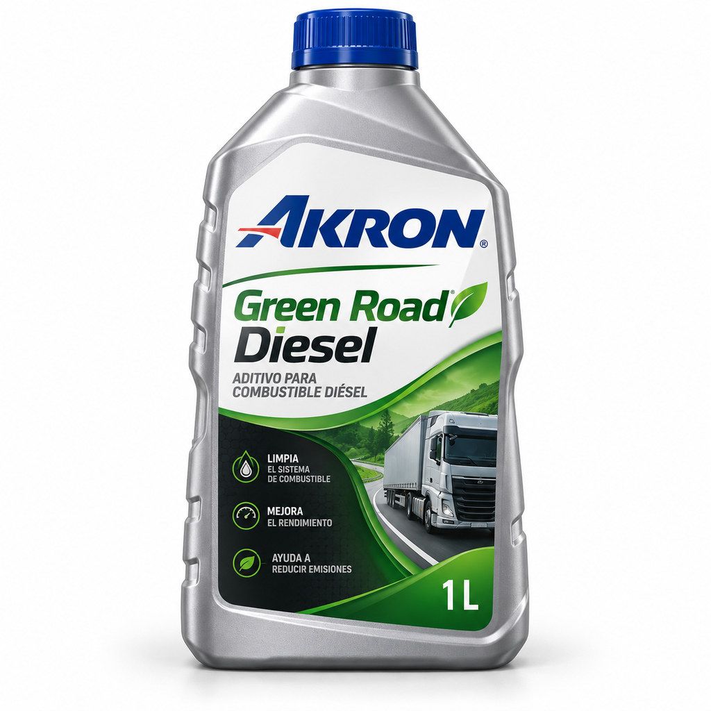 Imagen ilustrativa generada con IA: AKRON Green Road Diesel 1L x12. Diseño recreado, no fotografía oficial.