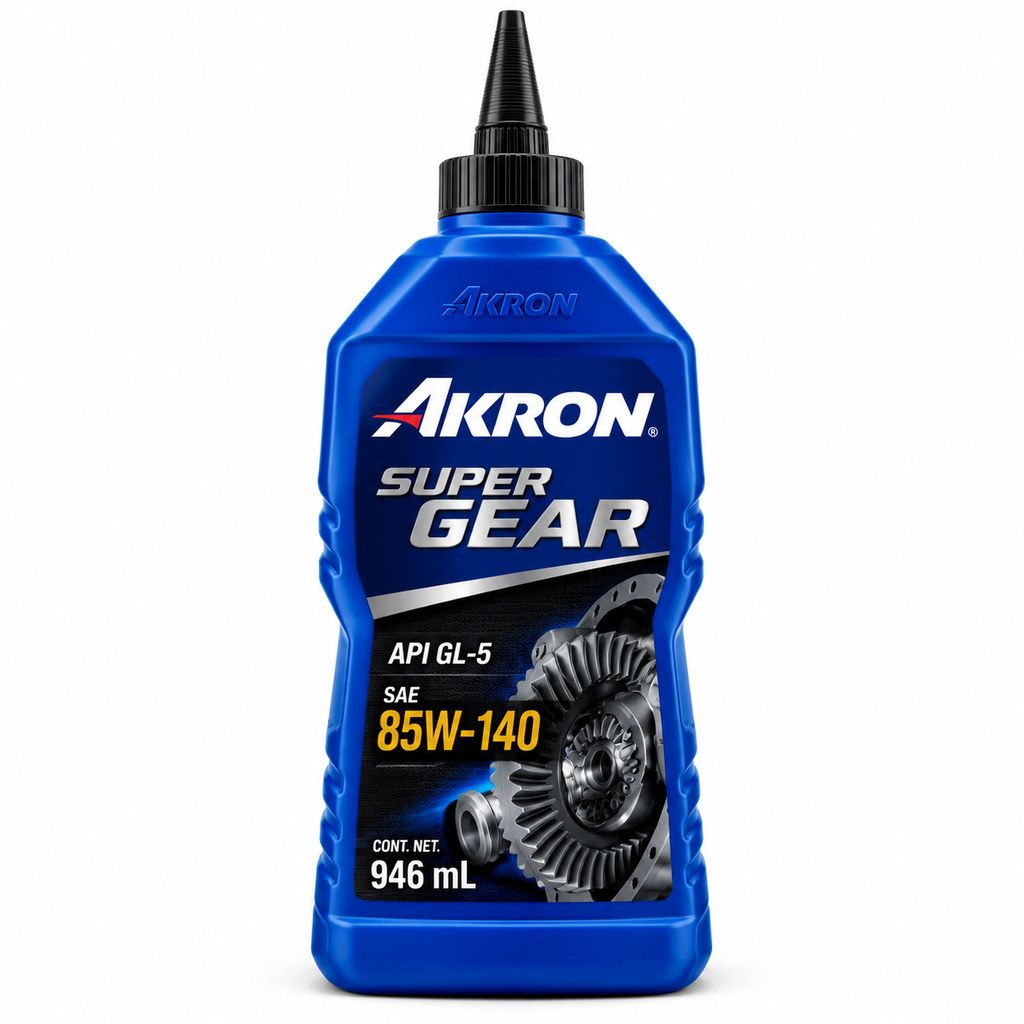 Imagen ilustrativa generada con IA: AKRON Super Gear GL5 85W140 946ml. Diseño recreado, no fotografía oficial.