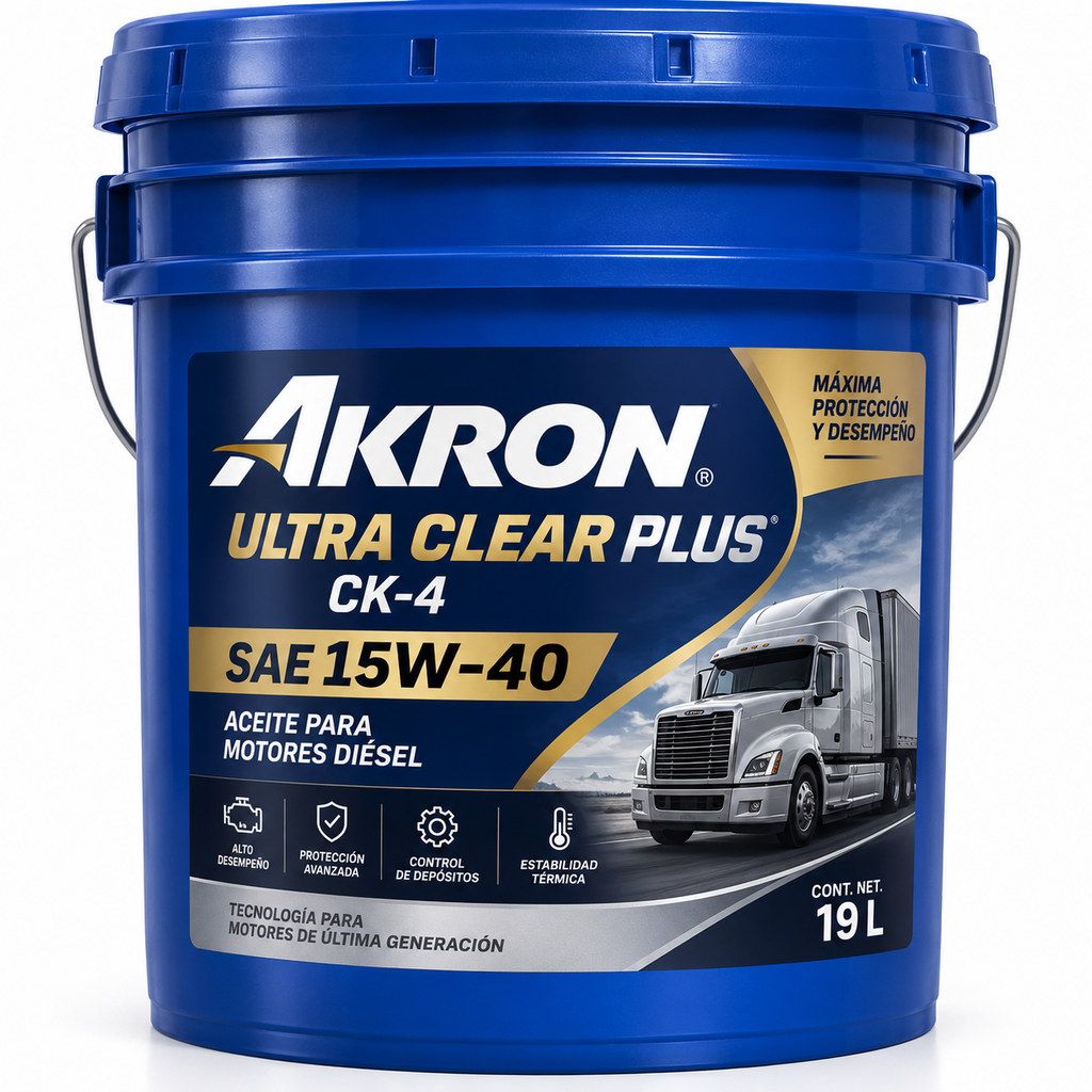 Imagen ilustrativa generada con IA de cubeta azul AKRON Ultra Clear Plus CK-4 SAE 15W-40, 19 L