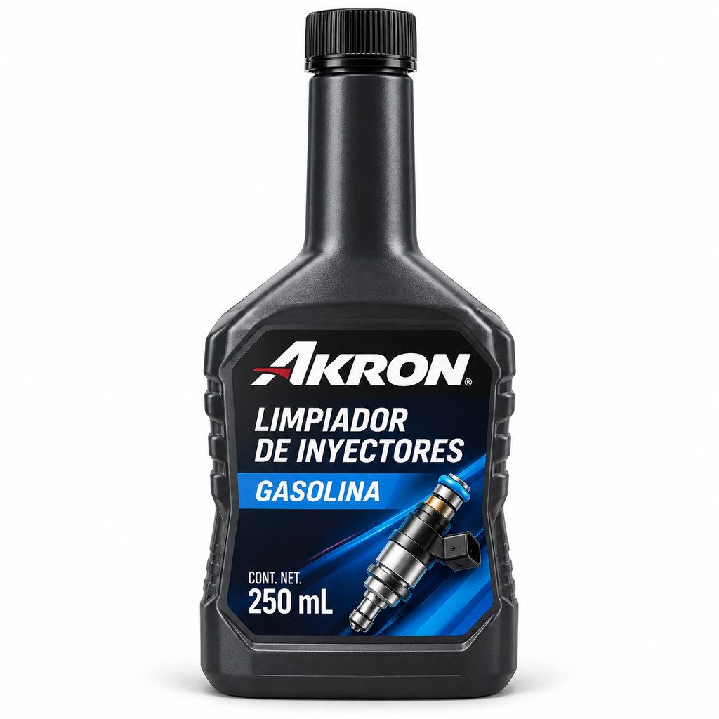 Imagen ilustrativa generada con IA: AKRON limpiador inyectores 250ml. Diseño recreado, no fotografía oficial.